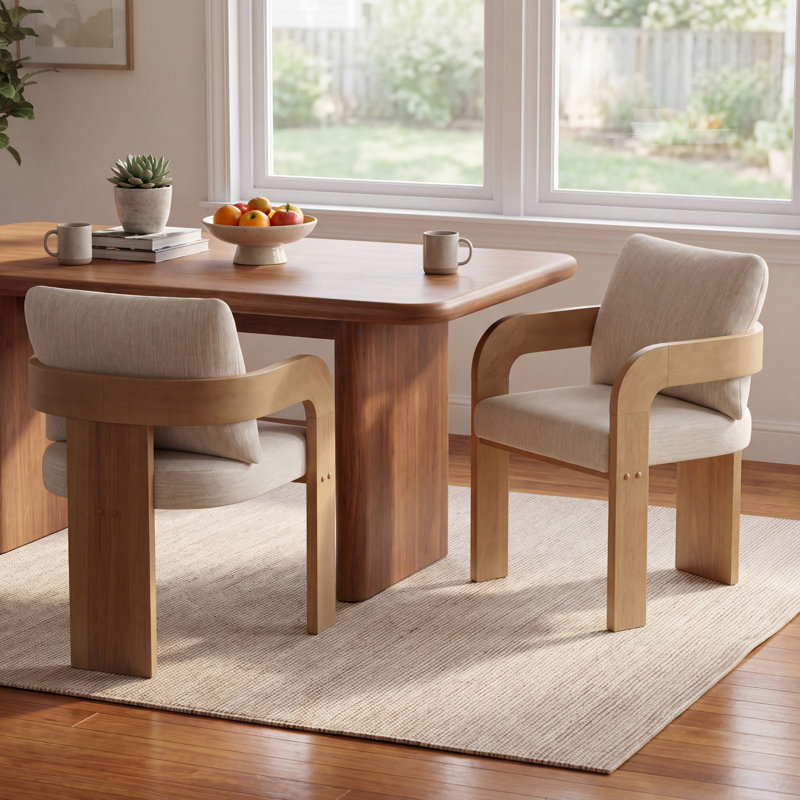 Demars Modern Rustic Upholstered Dining Chairs With Curved Arms, Beige, Natural