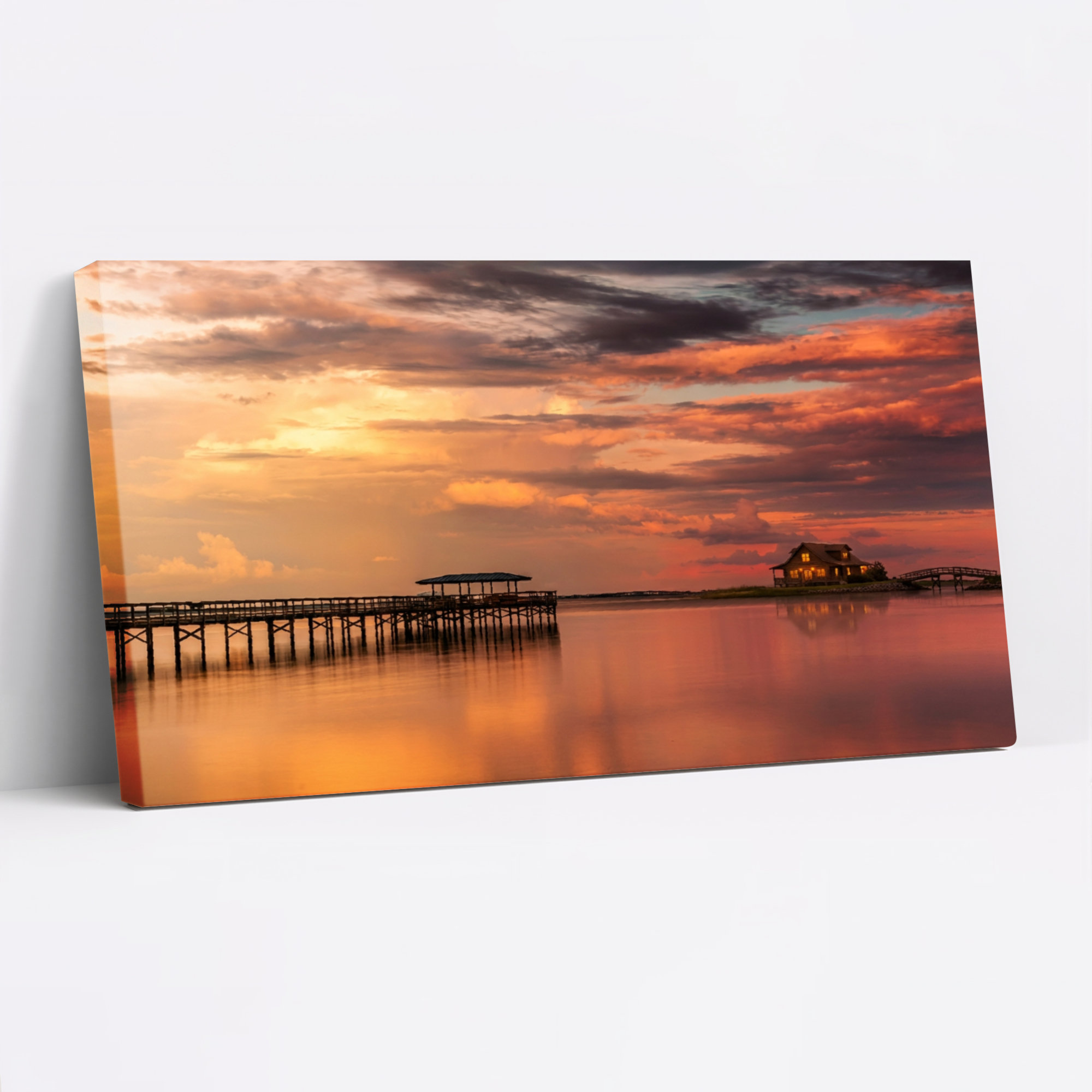Highland Dunes Sunset Over Waterfront Dock Canvas Wrapped Wall Art Oil ...
