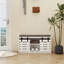 Banc de rangement pour chaussures Modern, banc d'entrée à 2 niveaux avec 2 portes de grange coulissantes et coussin de siège amovible et doux pour l'entrée
