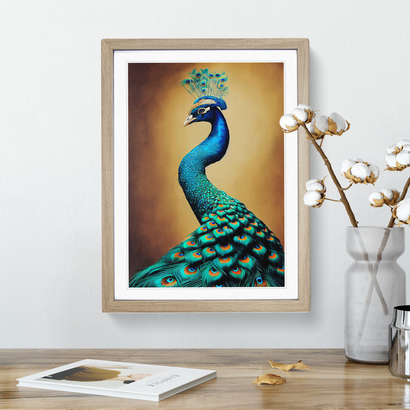 Golden Peacock No.2 - Single Picture Frame Print, 34cm H x 25cm W x 2cm D, Oak