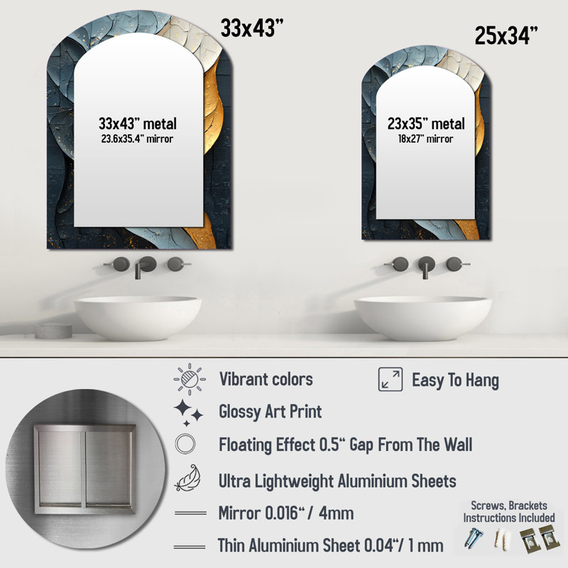 Gold Grey Fleeting Shadows II - Modern Arch Decorative Mirror, Modern Asymmetrical Wall Mirror, Printed Metal Art, 43" x 33"