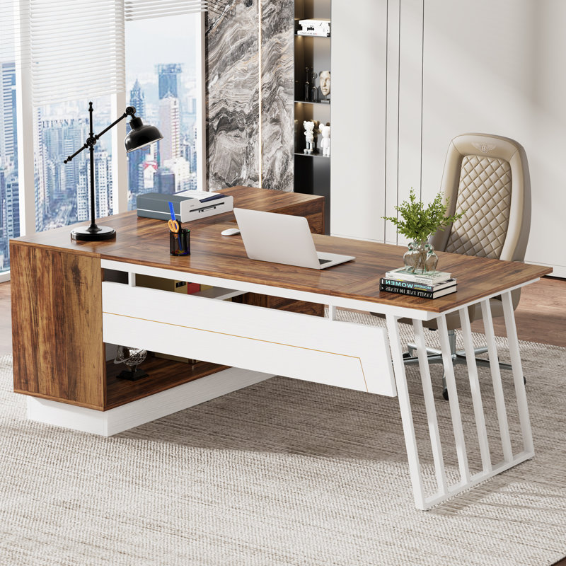 71" L-Shaped Executive Desk with Cabinet, Large Office Desk with Drawers and Storage Shelves