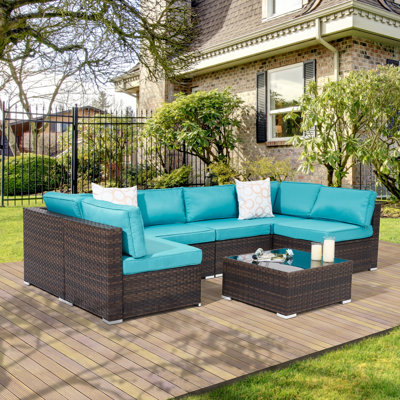 Outdoor 7 Pieces Sectional Sofa Conversation Sets, Patio PE Wicker Rattan Woven, Washable Sponge Cushions With Tea Table by Latitude Run