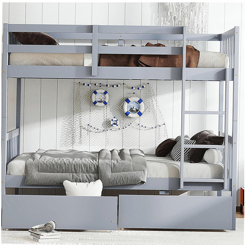 Lit double en bois d'hévéa avec deux tiroirs, convertible en deux lits simples avec échelle et barrière de sécurité, Gris