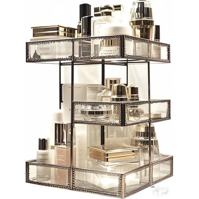 Antique 360 Degree Rotating Makeup Organizer,4-Tier Spinning Perfume Tray,Countertop Cosmetic Storage ,Glass Beauty Display,Retro Large Capacity Vanity Organizer For Brushes Skincare