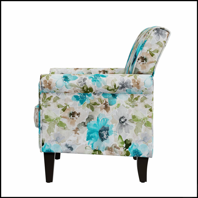 Chaise d'appoint compacte et élégante avec motif floral pastel et pieds en bois massif, idéale pour les petits espaces et les intérieurs modernes.