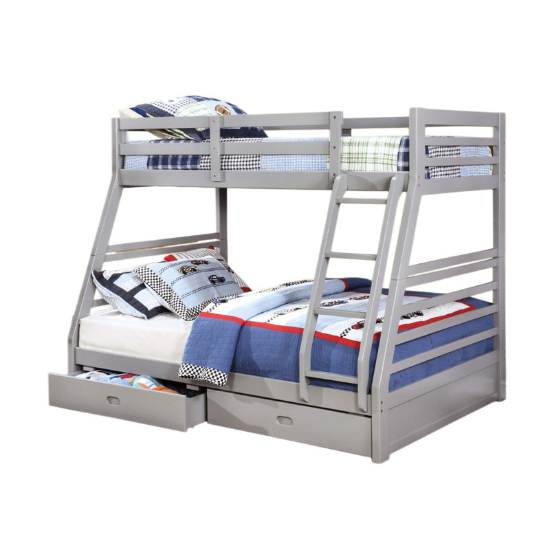 Lit superposé simple au-dessus d'un lit double transitionnel en bois massif avec finition grise, deux tiroirs de rangement, attachés et 10 pièces Structure à traverses à lattes dans le cadre, conception à grandes lattes sécurisées