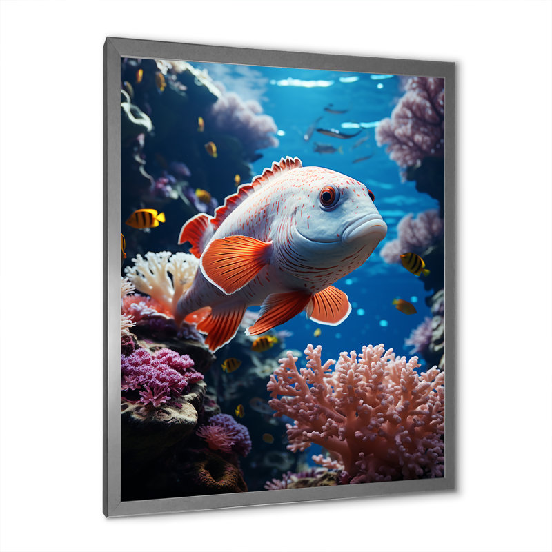 " Orange Blue Marine Animals Underwater Symphony ", 44" H x 34" W x 1.5" D, Silver Picture Frame