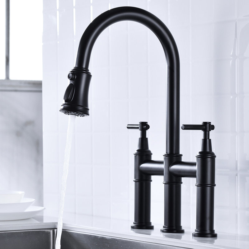 Matte Black Kitchen Faucet With Pull-Down Option - Dual Handle Switch For Accurate Water Control 360-Degree Rotatable High Nozzle Expanded Cleaning Space Brass Material Dependability Function Handles