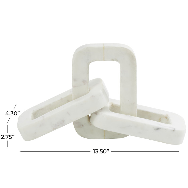 Marble Handmade Geometric 3 Link Chain Decorative Sculpture, 2.75" H x 13.5" W x 4.3" D, White