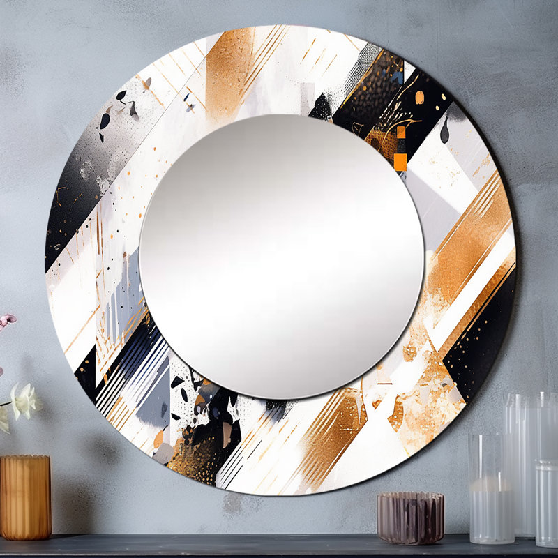 Gold Black Symmetrical Sripes I - Cubism Decorative Mirror, Modern Large Round Wall Mirror, Printed Metal Art, 23" x 23"