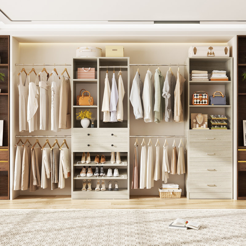 Closet System Set With 6 Drawers And 5 Hanging Rods, Washed Oak