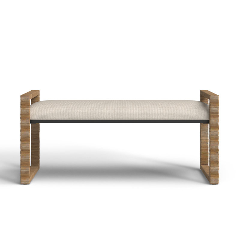Oatmeal Upholstered Metal Sled Leg Bench with Rattan Frame
