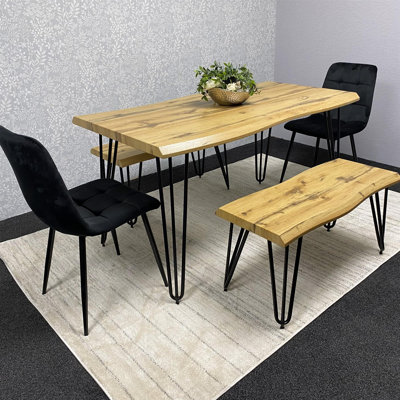 Wooden Dining Table with 2 Benches and 2 Velvet Chairs