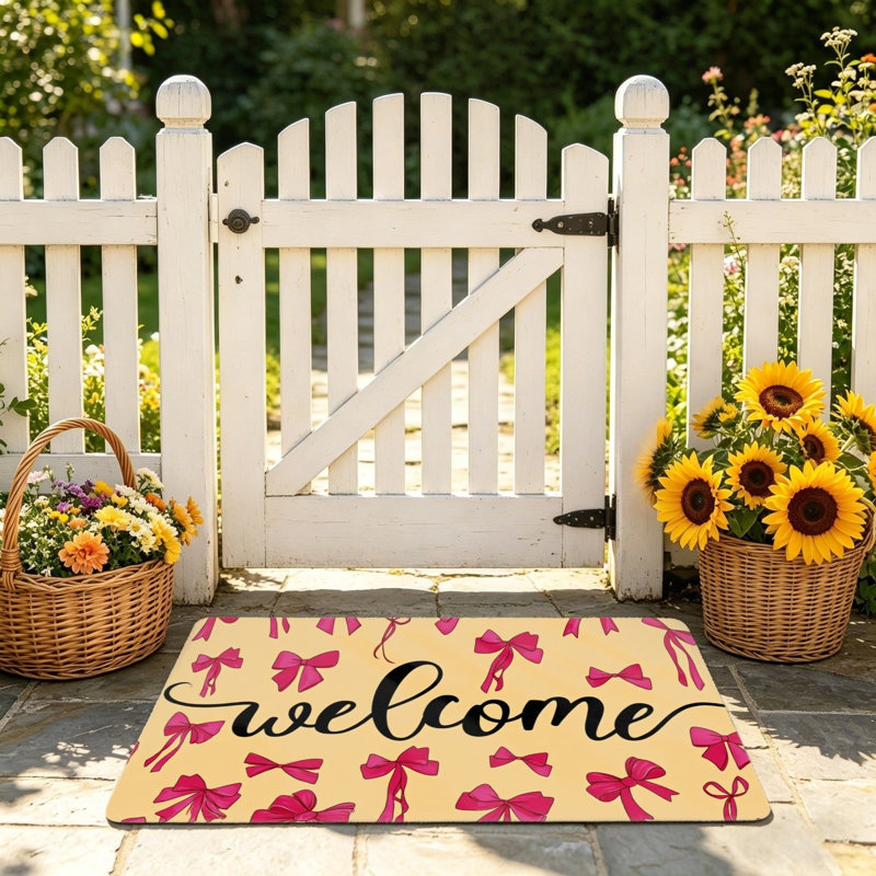 Paillasson "Welcome" à fond jaune avec fond rose 24 "x 36" pour porche d'entrée