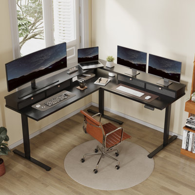 L Shaped Standing Desk With Drawers, Shelf, Adjustable Gaming Table For Home, Office, Gamer by Inbox Zero