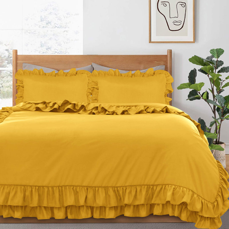 Leketha Microfiber Solid Colour Duvet Cover Set with Pillowcases, Kingsize , Ochre