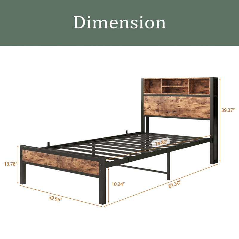 Structure de lit simple avec tête de lit, lit plateforme en métal avec station de charge, rangement pour bibliothèque, aucun sommier requis, assemblage facile