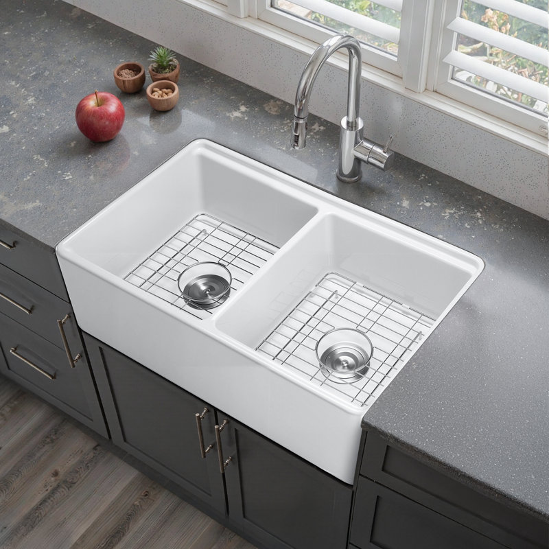 33x20 in Farmhouse Sink Undermount Kitchen Double Bowl Basin Fireclay White