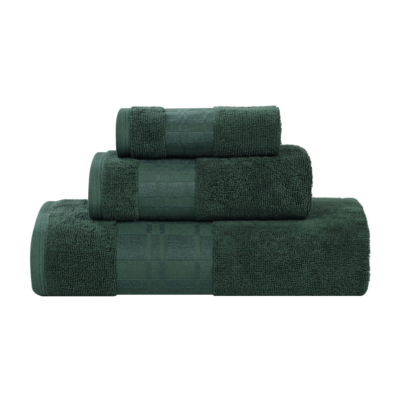 Davis Larissa Cotton Medium Weight Geometric Border 3 PC Assorted Towel Set, Forest Green