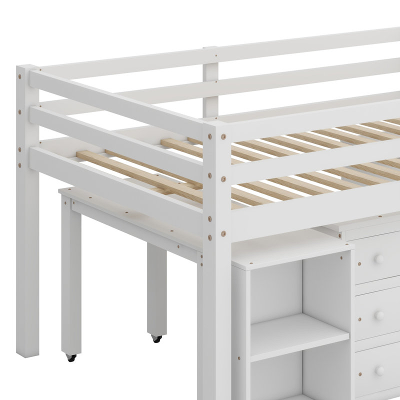 Lit mezzanine bas avec tiroirs, tablettes et bureau portatif à roulettes, Blanc