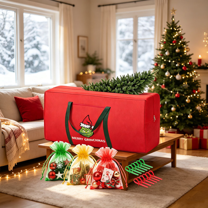Sac de rangement pour sapin de Noël artificiel de 1,37 m (4,5 pi), contenant de rangement en tissu résistant à l'eau avec double fermeture éclair et poignées renforcées, pour décorations de Noël et de fêtes.