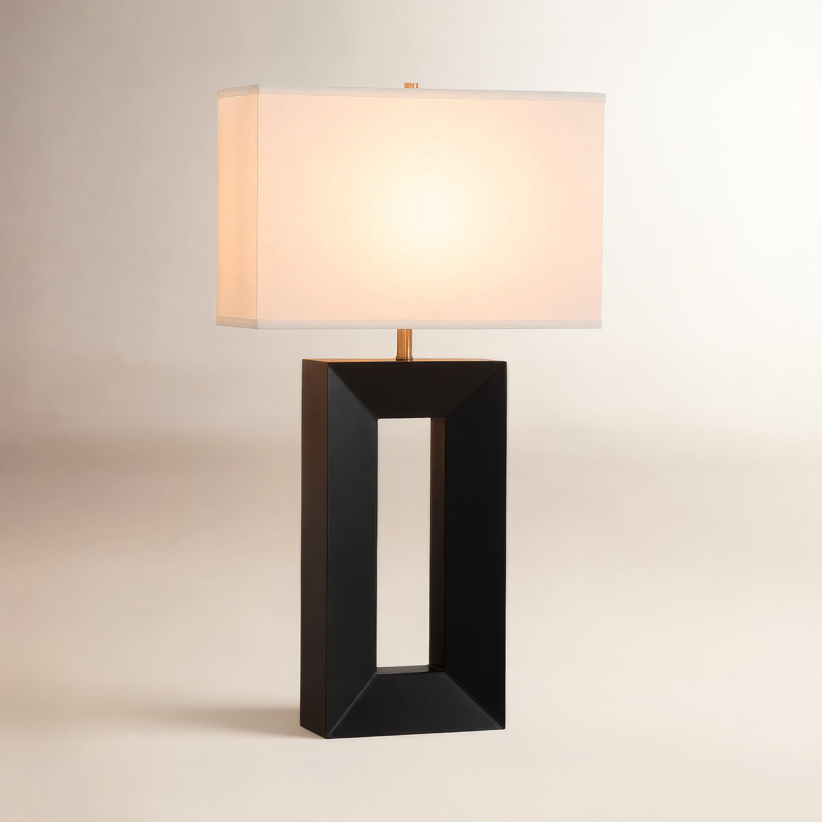 Julie Standing Table Lamp - Dark Walnut Wood Finish, Weathered Brass, White Linen Shade, Ebony