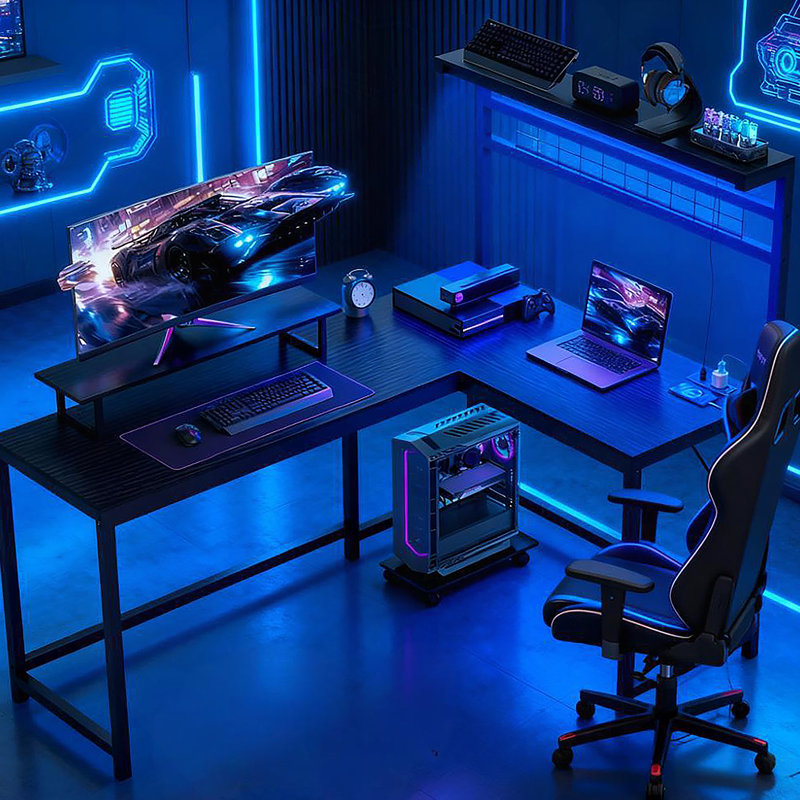 Bureau d'ordinateur, bureau de jeu en L avec prises de courant et lumières DEL, Noir