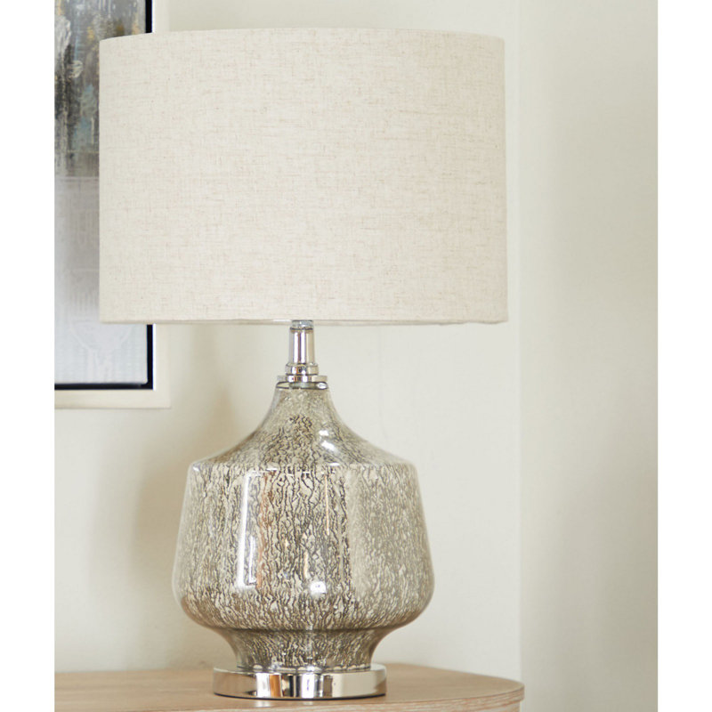 Lampe de table en tissu de lin argent avec finition en faux mercure