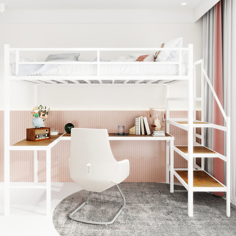 Lit mezzanine simple en fer avec bureau en forme de L et trois tablettes, fonctionnalité, stabilité à long terme pour l'installation d'un bureau à domicile.
