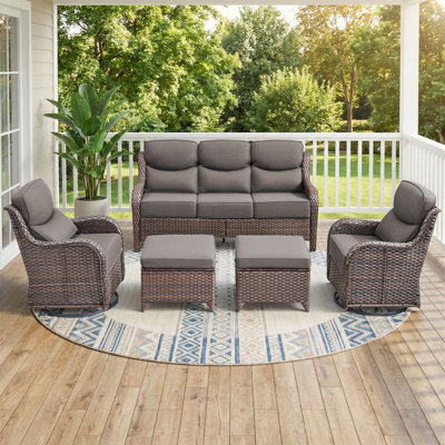 Abbey 5-Piece Wicker Patio Conversation Set With 6-Inch Luxury Cushions Swivel Chairs, Ottomans