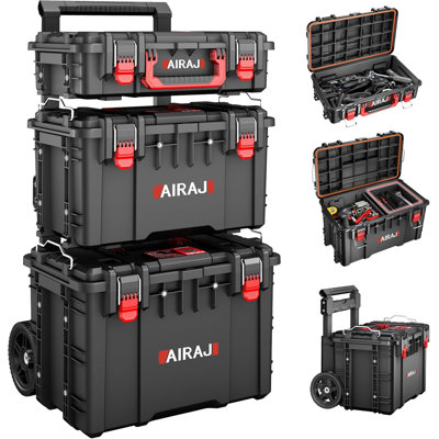 Organisateur de boîte à outils roulant robuste et empilable avec roues tout-terrain et poignée télescopique - Boîte à outils modulaire imperméable pour outils manuels et électriques