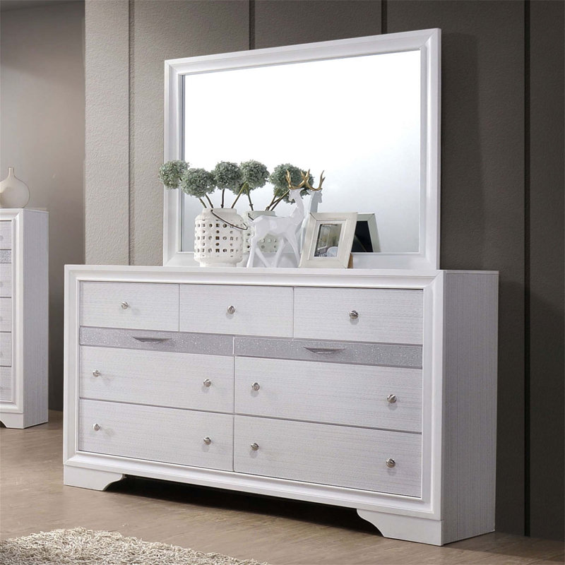 Commode glamour avec miroir, tiroir à bijoux caché et détails en queue d'aronde anglaise pour un rangement élégant dans la chambre à coucher