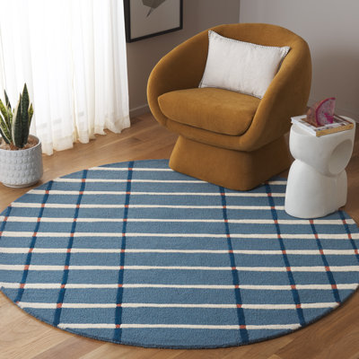 Tapis rayé bleu / ivoire en laine et coton touffeté à la main Zoticus
