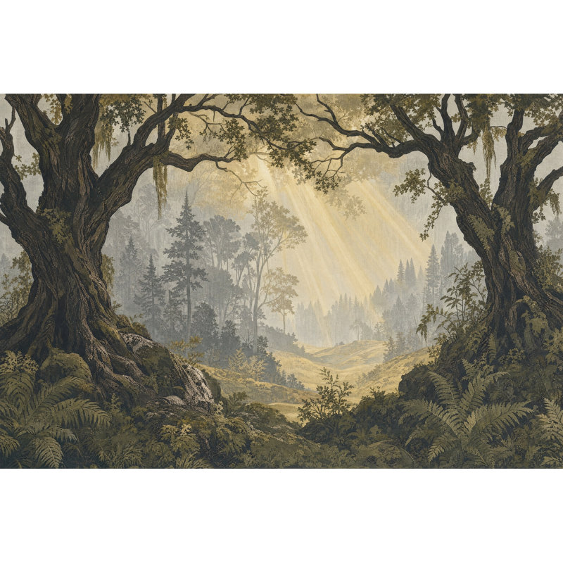 Papier peint forêt avec rayons de soleil, 120 po x 96 po, Texturé non collé