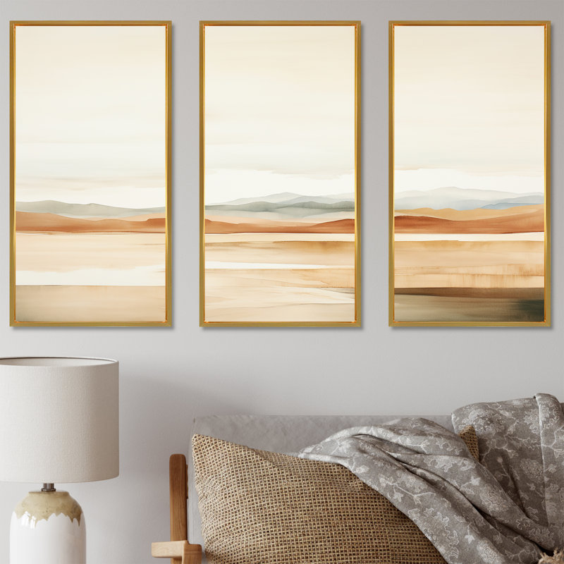 Minimalisme, horizon de montagne beige - ensemble d'art mural paysage de montagnes, Cadre flottant doré