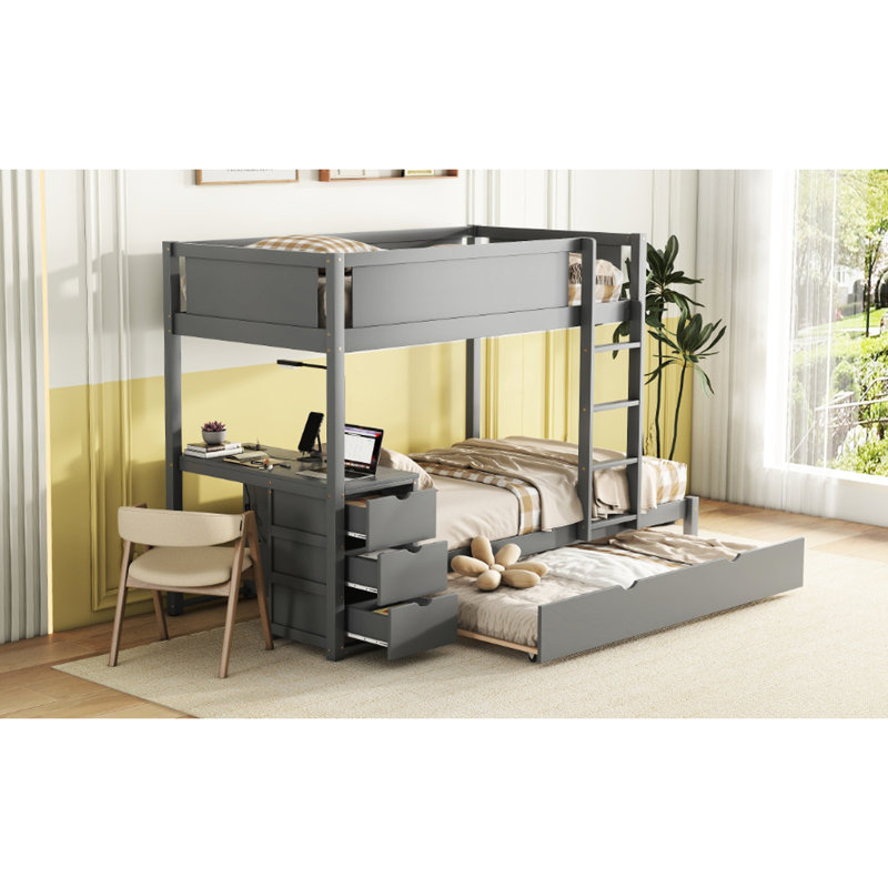Lit superposé gris Twintwin avec bureau, rangement et ports - prises fonctionnelles élégantes, lit gigogne simple