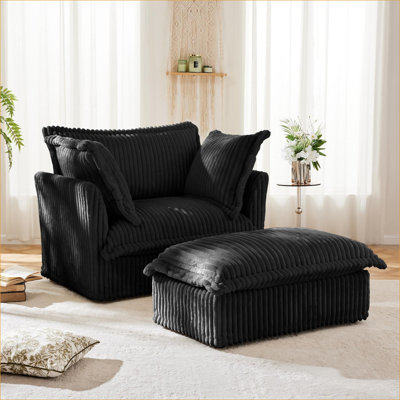Fauteuils | Ensemble de fauteuil moderne avec repose-pieds profond avec repose-pieds moelleux pour salon | Noir | Velours côtelé