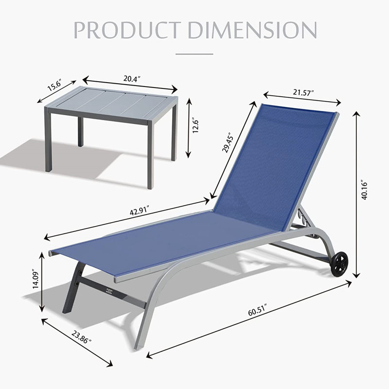 Chaise longue de piscine - 5 positions réglables, bleu, respirant, facile à déplacer