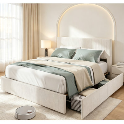 Structure de lit, lit plateforme double / grand / très grand avec 4 tiroirs de rangement, tête de lit tapissier en velours côtelé avec support de lattes en bois robuste
