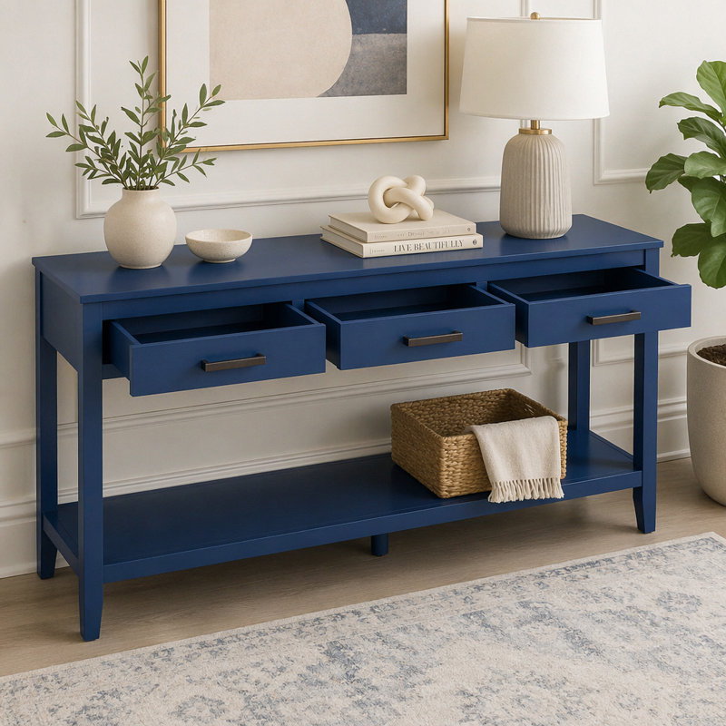 Console de 59,1 po avec 3 tiroirs, console peinte, Navy Blue