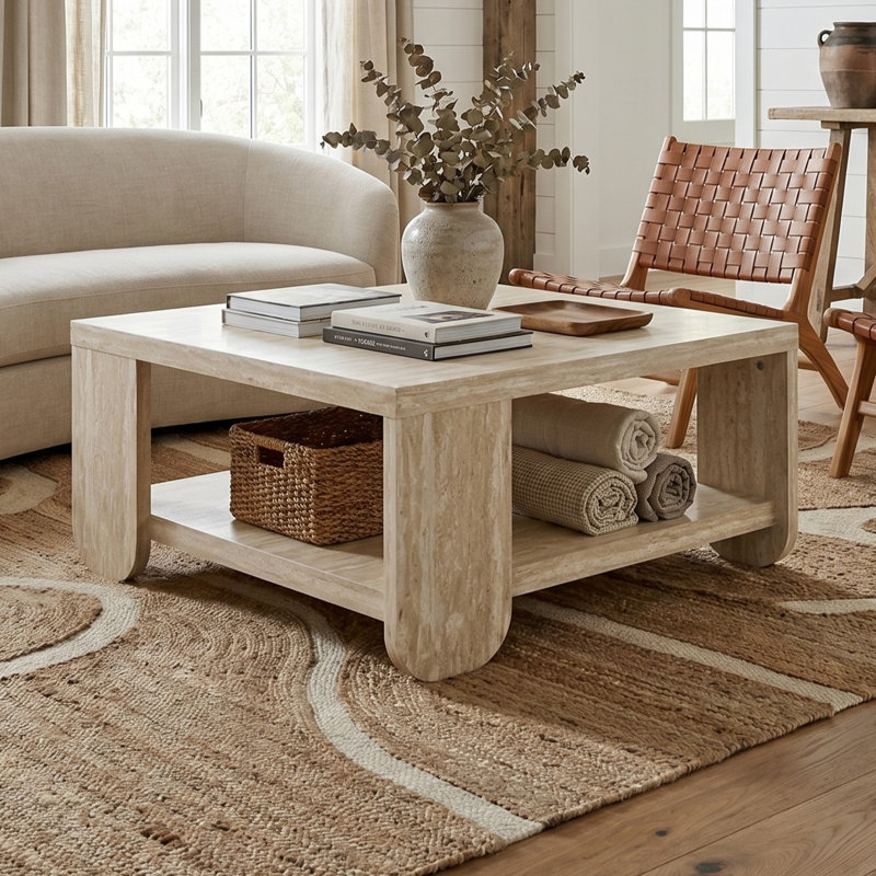 Allyannah 31.1" Modern Contemporary Square Coffee Table with Shelf, Travertine
