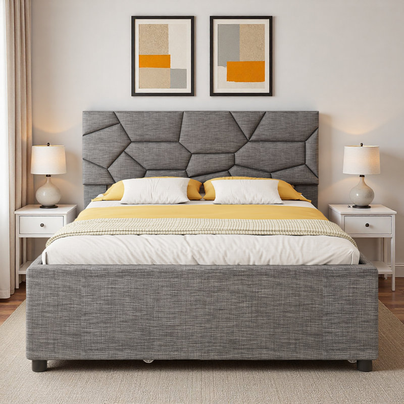 Lit plateforme tapissier avec tête de lit et lit gigogne à motif brique, Gris