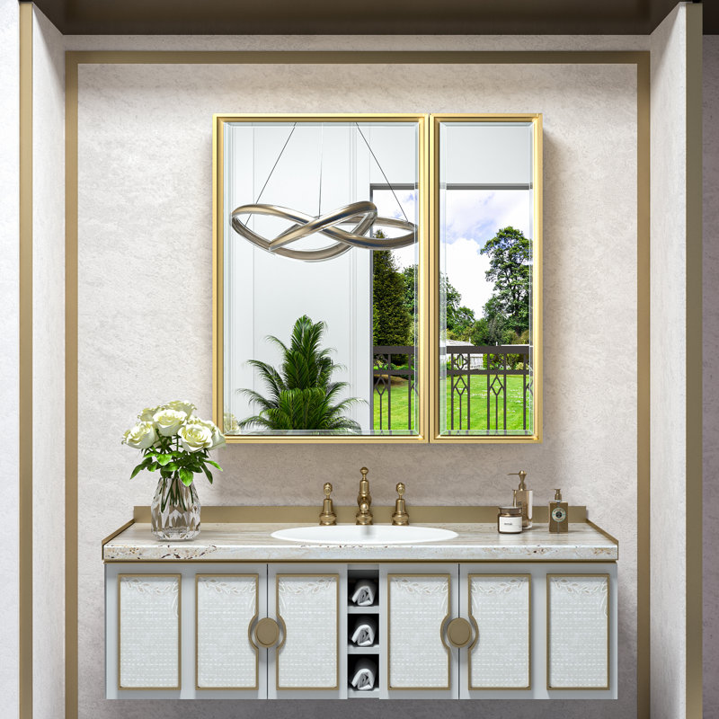 Armoire à pharmacie avec miroir et tablettes Cyrille, H 32 po x l 30 po x P 5,2 po, Doré