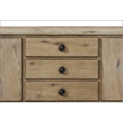 English Knotty Oak 84 Inch Console With Bowtie Inlays And Integrated Cable Management, Perfect For Modern Living Rooms.