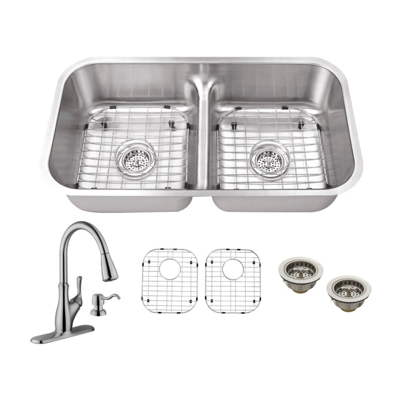 Évier de cuisine à double cuve avec robinet encastrable l 33 po x l 18 po, Robinet transitionnel