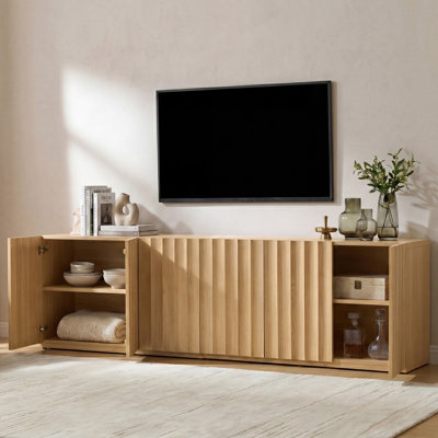Meuble télé 93,94 po pour téléviseur de 100 po ou moins, console média en bois avec portes cannelées, armoires de rangement, tablettes réglables et système de gestion des câbles