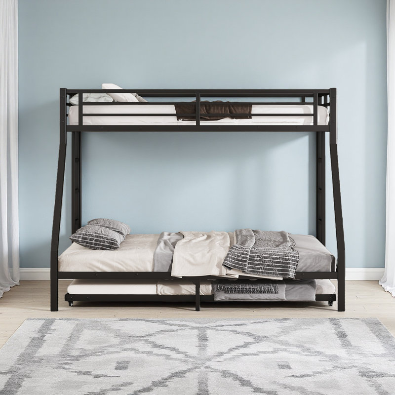 Twin XL Over Queen Metal Bunk Bed With Twin Size Trundle, Twin XL Over Queen