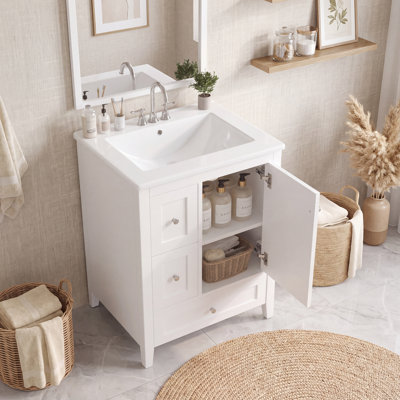 Meuble-lavabo de 61 cm (24 po) avec rangement, tablette réglable et séparateurs amovibles, construction en MDF et en hévéa