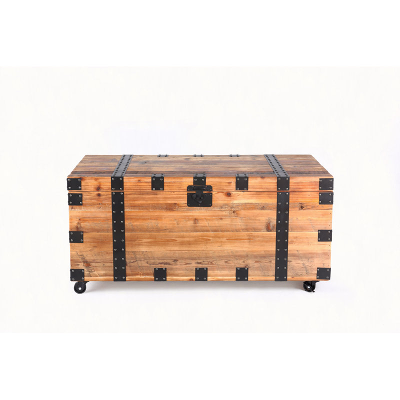 Table de coffre avec table de rangement à quatre roues et grande capacité, bois récupéré / métal